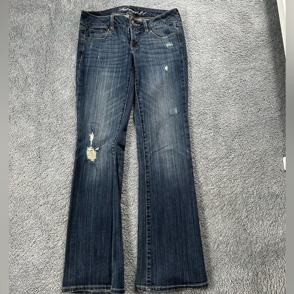 Forever 21 Dark Wash Distressed Flare Jeans